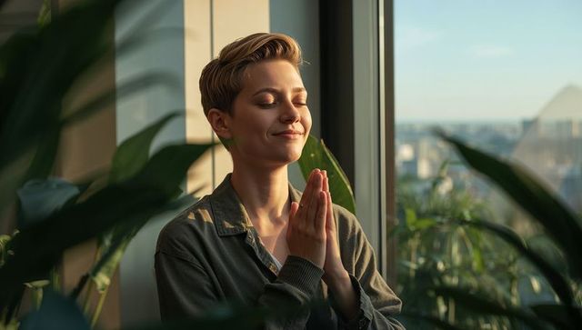 Young woman meditating by sunlit window with indoor plants in minimalist urban apartment