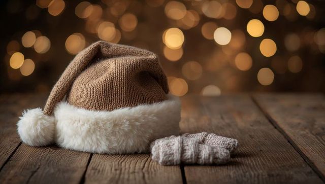 Cozy brown knit Santa hat with faux-fur trim and matching mittens on rustic wood backdrop