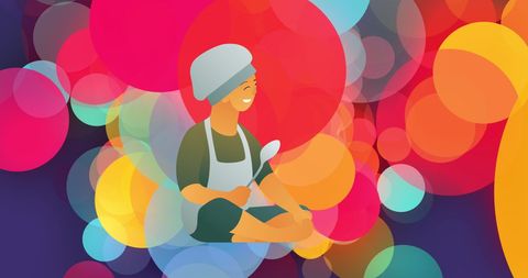 Child Chef Approaching Culinary Joy Amidst Vibrant Bubble Art