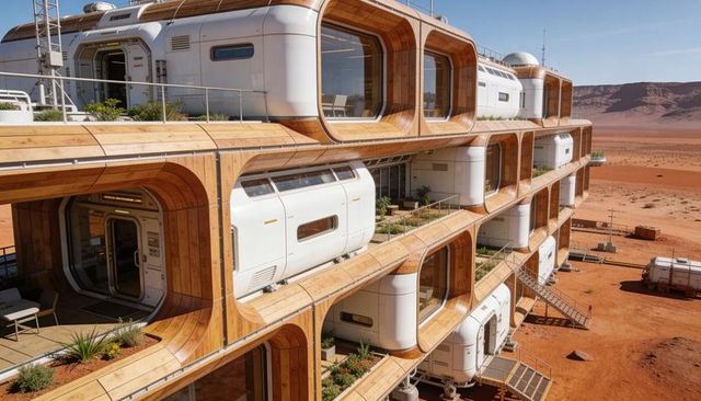 Mars-inspired modular habitat with wood-clad capsules, terraces and desert outpost design
