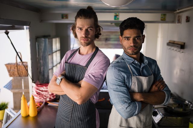 Two young male waiters standing confidently with arms crossed inside a food truck. They are wearing casual clothing and aprons, representing teamwork and small business spirit. Ideal for use in articles or advertisements about street food, small businesses, entrepreneurship, and the service industry.