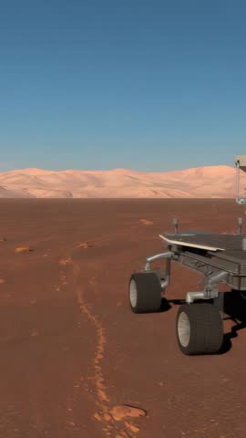 Vertical Startup Pan Showing Six-Wheel Rover Traversing Red Martian Plain with Mast Turret