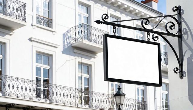 Blank Hanging Signboard on Ornate Wrought-Iron Bracket Against White Historic Facade