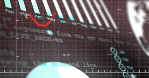 Visualizing global data with teal monthly bars and red trend line on digital dashboard