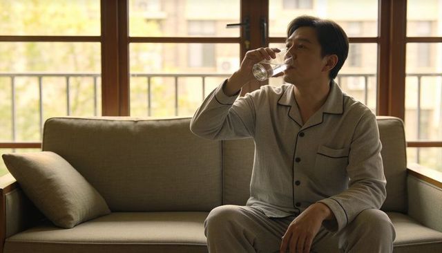 Asian man sipping water in light gray pajamas on sofa by sunny balcony window