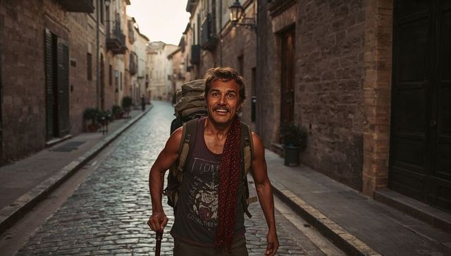 Solo backpacker walking cobbled old town street with large rucksack and trekking pole