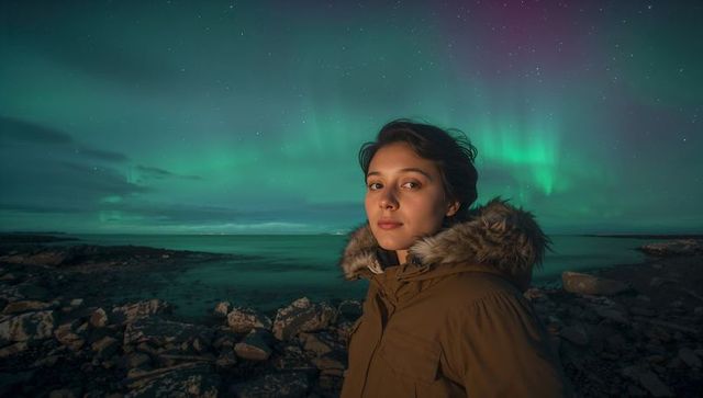 Gazing woman wearing fur-hood parka under northern lights on rocky coastal nightscape
