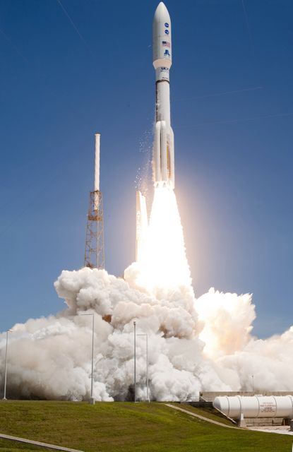 The image captures liftoff of NASA's Juno spacecraft, which is heading towards Jupiter aboard an Atlas V rocket. The launch occurs from Cape Canaveral Air Force Station in Florida on August 5. Perfect for use in articles and educational materials about space exploration, NASA missions, or the Juno mission specifically. Also suitable for use in astronomy publications, scientific research website features, or inspirational content about space travel.