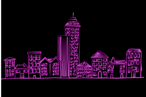 Neon Purple Cityscape on Transparent Background