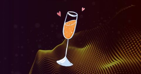 Floating Champagne Flute Celebrating Romance over Abstract Golden Dotted Wave Background