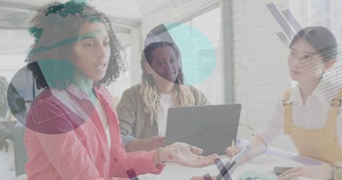 Digital Interface Overlay on Diverse Team in Casual Office Meeting