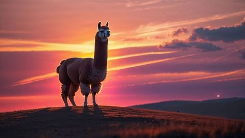 Lone brown llama on grassy hill at vibrant sunset