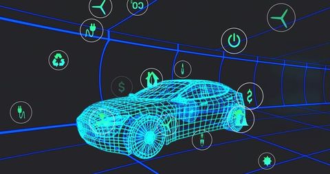 Futuristic 3d wireframe car with conceptual energy icons