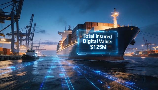 Container ship displaying holographic insured value $125m over digital grid at dusk