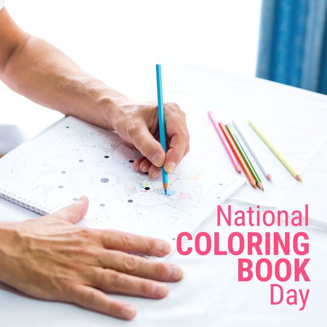 Composite of hands of caucasian senior man coloring on book and national coloring book day text. art, colors, recreational, retirement, healthcare and wellness concept.