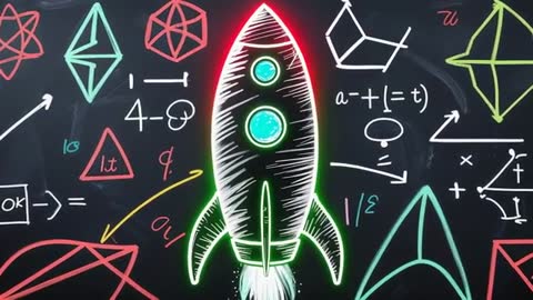 Stylized Rocket with Geometric Math Sketches on Chalkboard