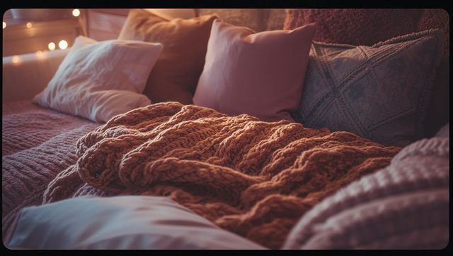 Cozy interior with chunky knit blanket and soft pillows