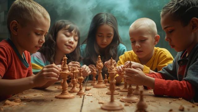 Children sculpting clay chess pieces with creative focus