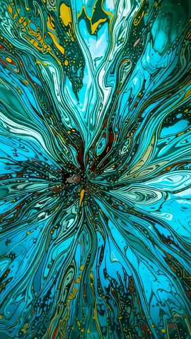 Radial Turquoise Fluid Pouring with Dynamic Cells and Marbled Veins Vertical Motion Video