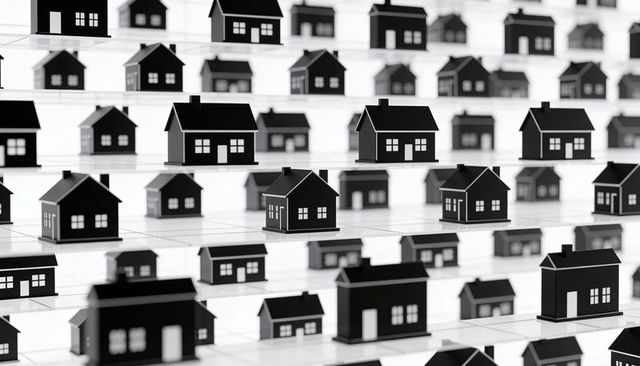Monochrome repeating house models on glass shelves representing real estate portfolio