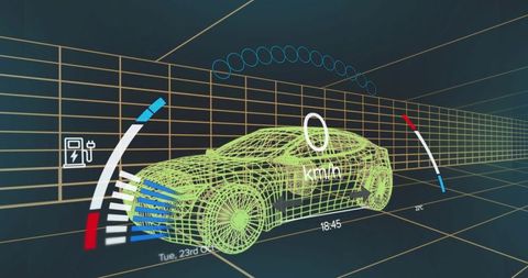 Futuristic car interface displaying speed and battery details