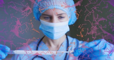 Nurse holding sterile swab performing diagnostic testing with digital data overlay