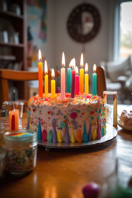 A vibrant birthday cake adorned with multicolored lit candles and decorated with colorful frosting and sprinkles. Cake is placed on a wooden table, creating an inviting atmosphere perfect for celebrations. Ideal for birthday party invitations, festive events, celebration announcements, and dessert advertisements showcasing joy and festivity.