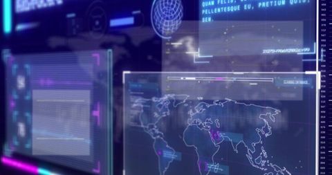 Futuristic Holographic HUD Displaying Digital World Map with Neon Markers and Data Panels
