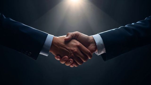 Executives shaking hands under dramatic spotlight sealing corporate deal and partnership