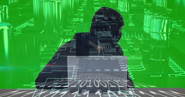 Silhouette of a hacker working on a laptop encompassed by a green digital overlay with circuits and binary codes, symbolizing cyber attacks and digital security breaches. Useful for articles, presentations, advertisements on cybersecurity measures, ethical hacking, digital protection strategies, and awareness programs about cyber threats.