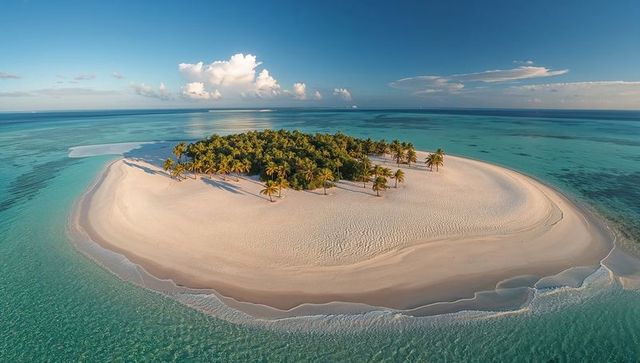 Aerial tropical atoll with crescent white sand, palm grove and turquoise lagoon