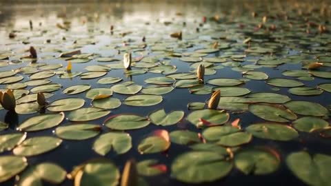 Tranquil Pond Scene with Rippling Lily Pads and Buds