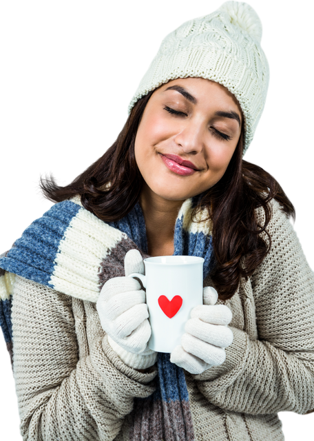 Smiling Woman Dressed for Winter Holding Heart Mug on Transparent Background - Download Free Stock Videos Pikwizard.com