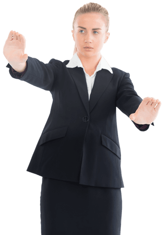Transparent photo of businesswoman with focused expression in business suit
