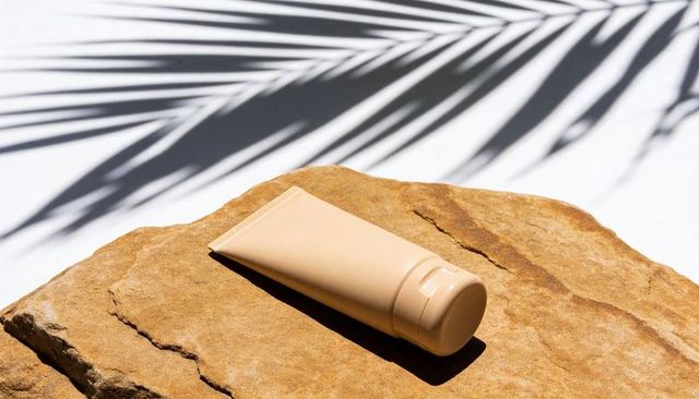 Beige sunscreen tube resting on sunlit rock with palm-frond shadow