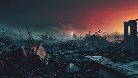 Dystopian ruins at dusk with urban rubble in apocalypse aftermath