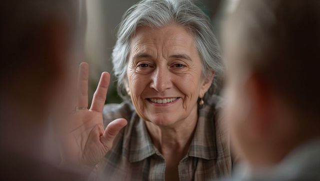 Smiling senior woman waving and showing ring during intimate family video call
