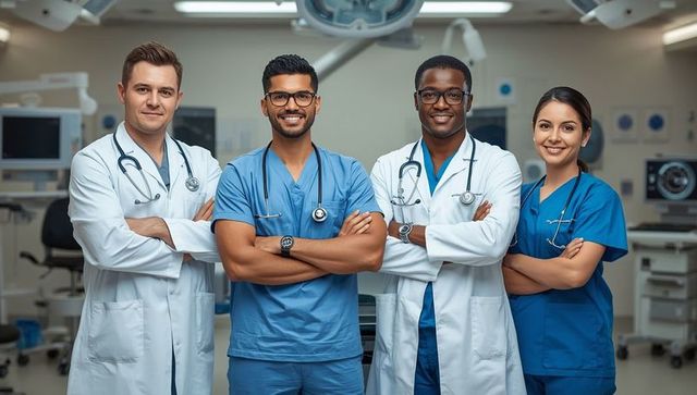 Diverse healthcare team standing confidently in modern surgical suite