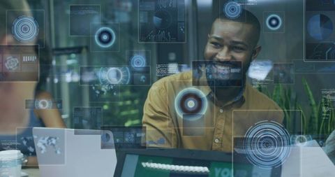 Smiling professional leading digital innovation brainstorm with holographic interface overlays