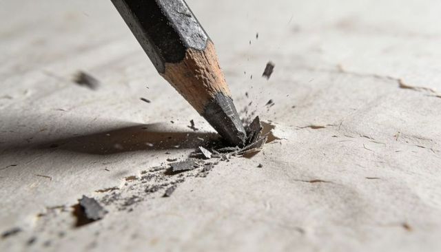 Macro graphite pencil tip chipping on textured paper, exploding shards and dust close-up