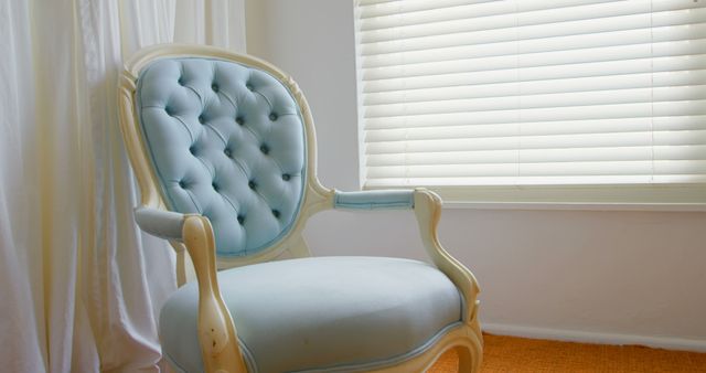 Empty chair at home. Blue accent chair 4k