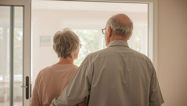 Senior couple embracing while gazing through glass door into sunlit serene home interior