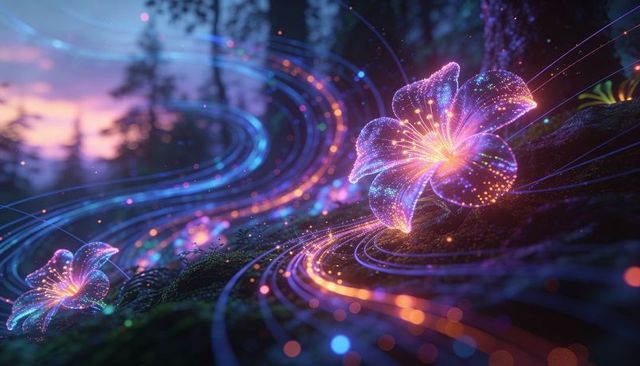 Bioluminescent lily glowing on mossy slope at twilight revealing ethereal neon light trails