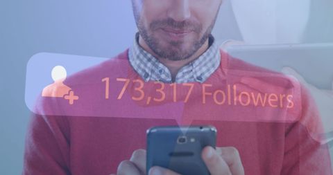 Man with Smartphone Gaining 173,317 Followers on Social Media