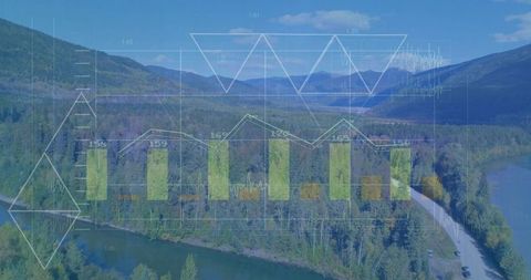 Data Visualization Overlaying Aerial Forest River Valley with Roadside Vehicles