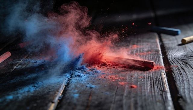 Exploding chalk pastel dust red and blue bursting over rustic wooden plank