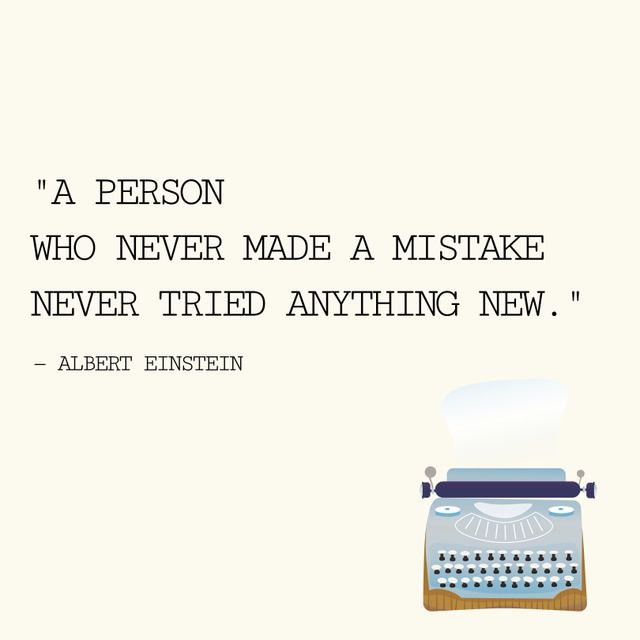 This image features an inspirational quote by Albert Einstein, encouraging trying new things despite the possibility of making mistakes. The quote is presented in a clean and simple font with an illustrated vintage typewriter. Ideal for use in social media posts, educational materials, office decor, and personal development blogs to promote the importance of learning and growing through new experiences.