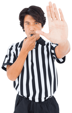 Transparent referee blowing whistle with hand raised for attention