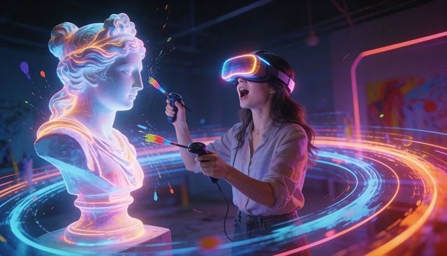 Woman wearing vr headset painting holographic marble bust with neon brushes