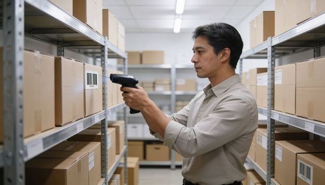 Warehouse staff scanning barcode labels for inventory control in organized storage aisle